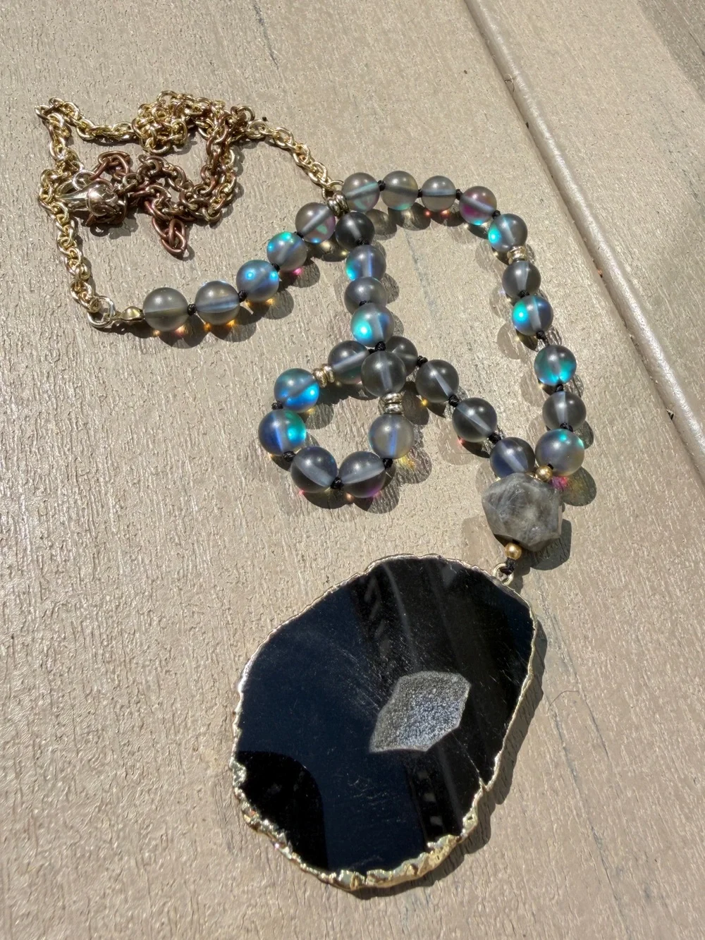 28” gold tone necklace w/ slab/druzy pendant, larvakite, and mermaid glass!